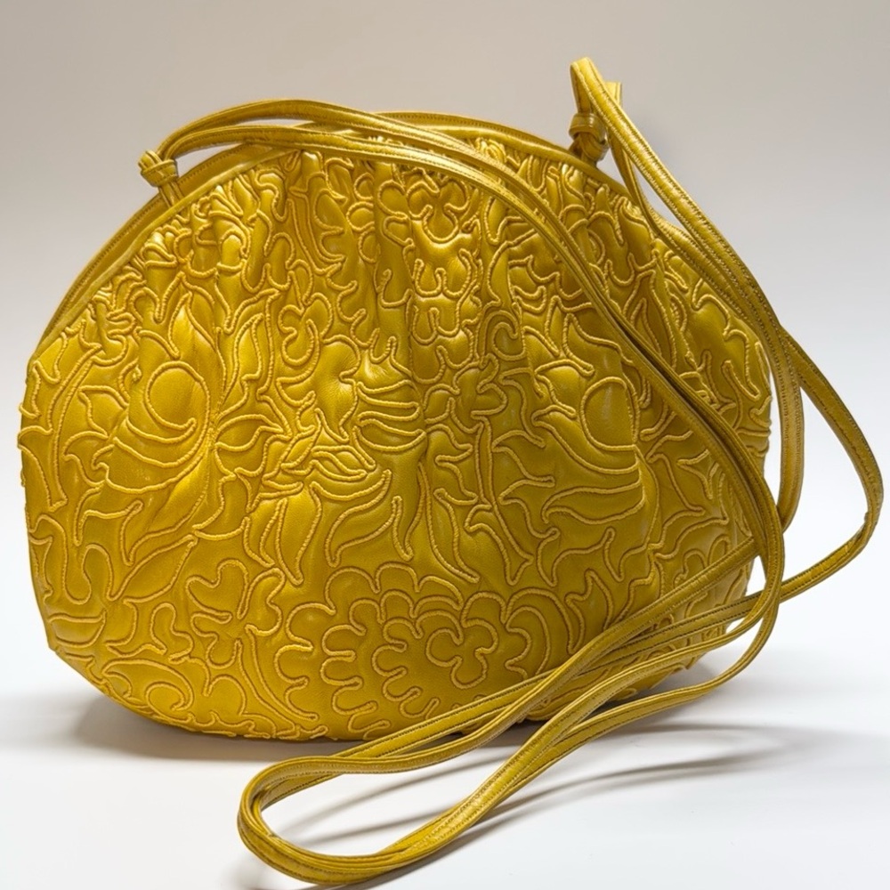 Rare Judith Leiber Leather Crossbody Bag Yellow Embroidery